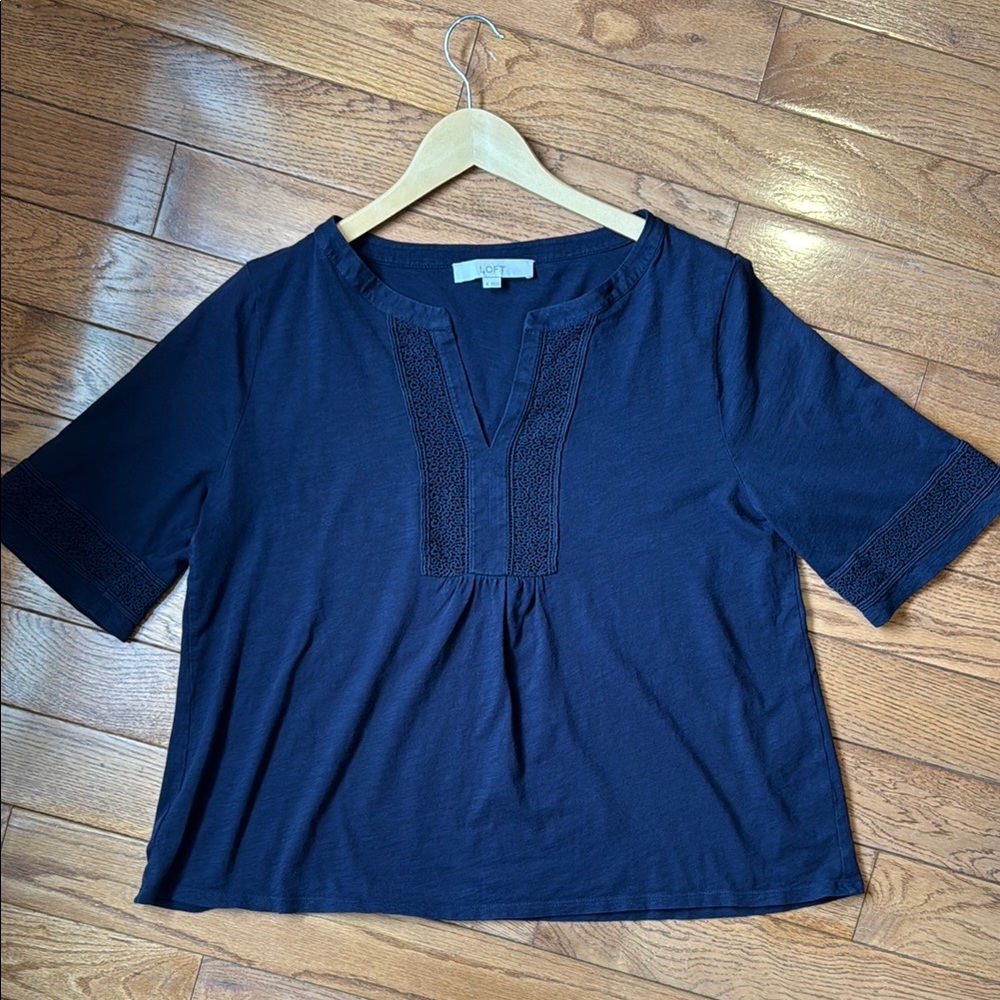 Loft Navy Split Neck Lace Detail Flowy Top